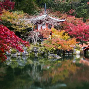 Bentendo Hall & Bridge in Autumn, Daigo-ji Temple, Kyoto, Japan