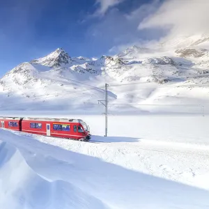 Bernina Express transit along Lago Bianco during winter blizzard, Bernina Pass, Engadin