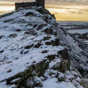 Brentor Church on a snowy outcrop on a winter morning, Dartmoor, Devon, England