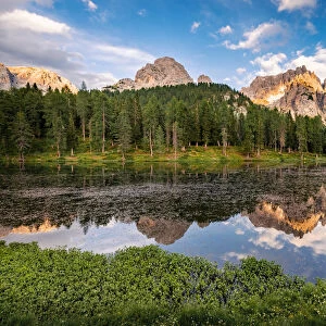 Cadini di Misurina mountain group reflecting on Antorno Lake, Belluno Province, Dolomites