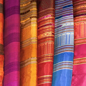 Cambodia, Siem Reap, The Old Market, Display of Silk Scarves