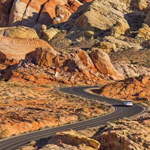 Car on S-Bend Road, Valley of Fire State Park, Nevada, USA