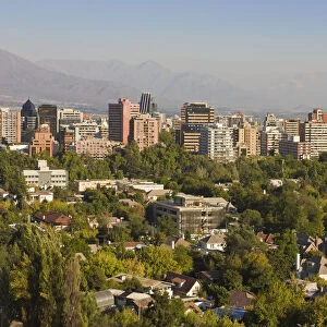 Chile, Santiago, view of the city from Cerro San Cristobal & Andes mountains
