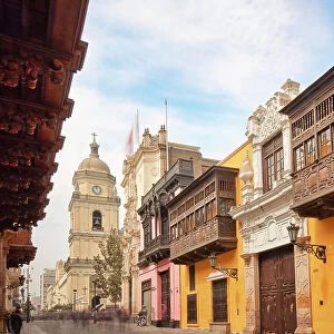 Colonial architecture in a street of the historic centre of Lima, Peru. Lima is also known as the "City of Kings"and was declared UNESCO World Heritage site in 1988