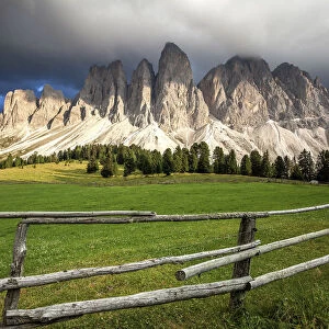 Dolomites, Funes valley, black clouds on the Odle mountains, Trentino Alto Adige