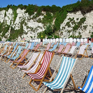 England, Devon, Beer, Deckchairs on Beach