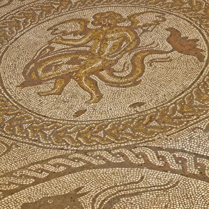 England, West Sussex, Chichester, Fishbourne, The Roman Palace, Cupid on a Dolphin Mosaic