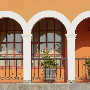 Exterior arches at "La Caravedo"Hacienda & Distillery, Ica, Peru. La Caravado is the producer of the famous Pisco Porton