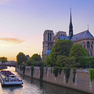 France, Paris, Notre Dame Cathedral, Torboat on River Seine at dusk