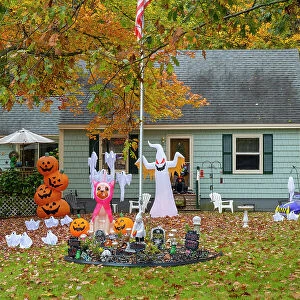 Halloween display outside house, Maine, New England, USA