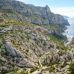 High angle view of rugged Mediterranean landscape at Calanque de Sugiton, Parc National