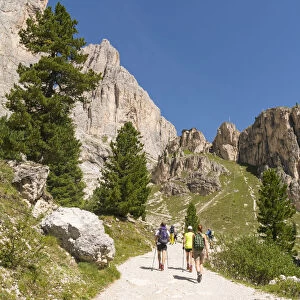 Hikers along the pathway from Gardeccia to Vajolet refuge in Catinaccio group