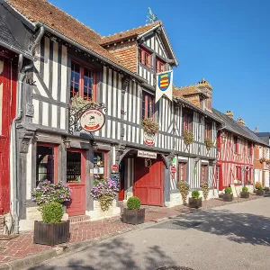 Historic half-timbered houses in the old town of Beuvron-en-Auge, Calvados, Normandy, France