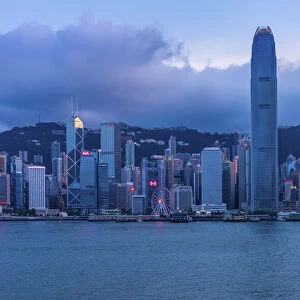 Hong Kong Island at Dusk with a Red Sailed Junk in the foreground, Hong Kong, China