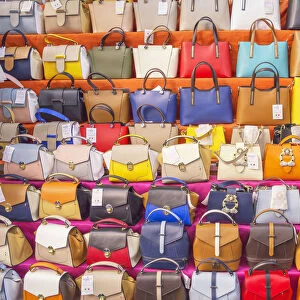 Italian leather bags on display, Mercato Nuovo, Florence, Tuscany, Italy, Europe