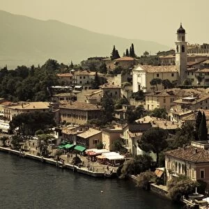 Italy, Lombardy, Lake District, Lake Garda, Limone sul Garda, town view with San Benedetto church