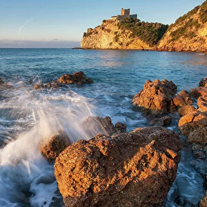 Italy, Tuscany, Mediterranean Sea, morning light, castle, near Castiglione della Pescaia