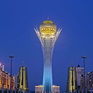 Kazakhstan, Astana, Nurzhol Bulvar - Bayterek Tower and the twin golden conical business