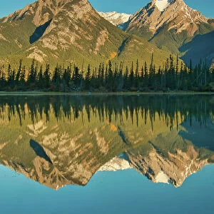 L to R, Esplanade Mountain, Gargoyle Mountain, De Smet Range, Jasper Lake (Athabasca River), Jasper National Park, Alberta, Canada