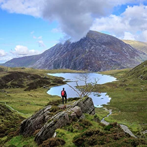 A man admires the view of Pen Yr Ole Wen and Llyn Idwal, Snowdonia, Wales, UK