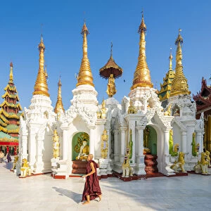 Monk walking by White temple in Shwedagon Pagoda complex, Yangon, Yangon Region, Myanmar