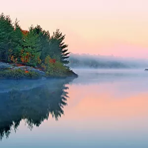 Morning fog at dawn on Lake Laurentian. Autumn. Lake Laurentian Conservation Area. Sudbury, Ontario, Canada