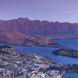 New Zealand, South Island, Otago, Queenstown, elevated town view with The Remarkables