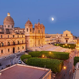 Noto, Sicily. Elevated view of the baroque Cathedral by night
