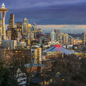 Panoramic view over Downtown skyline with Space Needle at dusk, Seattle, Washington, USA
