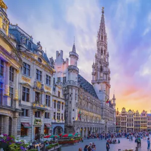 Panoramic view of the Grand Place in Brussels at dusk, Belgium