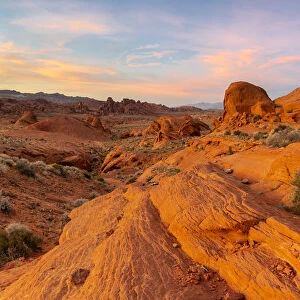 Panoramic view of red rocks at White Domes area before sunset, Valley of Fire State Park