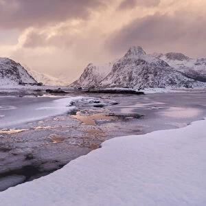 Partly frozen fjord during winter in the Lofoten islands, Norway