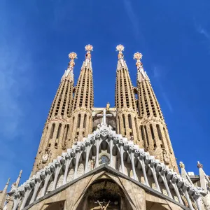 The Passion Facade of Sagrada Familia basilica church, Barcelona, Catalonia, Spain