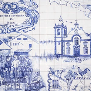Portugal, Azores, Sao Jorge Island, Velas, Largo Dr. Joao Pereira square azulejo tile