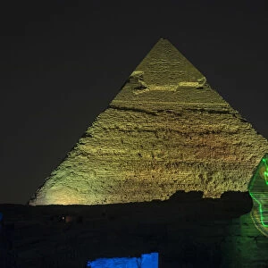 Pyramid of Khafre (Chephren) and the Sphinx at night, Giza, Cairo, Egypt