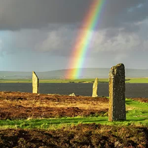 Rainbow over the Ring of Brodgar on Mainland, Orkney Islands, Scotland. Autumn (October) 2022