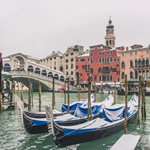 Rialto bridge, Venice, Veneto, Italy. Gondolas with snow