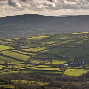 Rolling countryside near Widecombe in the Moor, Dartmoor, Devon, England. Spring