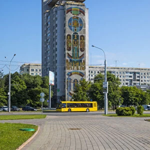 Soviet wall murals on apartment building in Minsk, Belarus