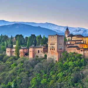Spain, Andalucia, Granada Province, Granada, Alhambra Palace and Sierra Nevada mountains