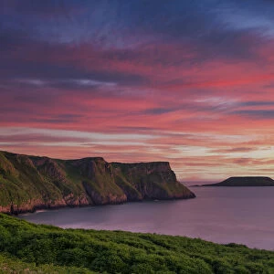 Sunset over Rhossili Bay & Worms Head, Gower Peninsula, West Glamorgan, Wales