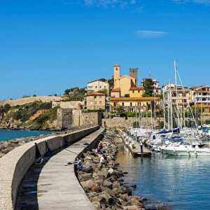 Talamone harbor with castle, Orbetello, Grosseto, Maremma, Tuscany, Italy
