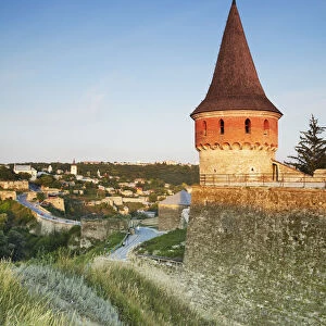 Tower of Old Castle with Old Town in background, Kamyanets-Podilsky, Podillya, Ukraine