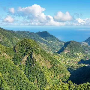 Trail Levada dos Balcoes and distant views of Faial, Santana, Madeira, Portugal
