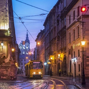 Ukraine, Lviv, Electric Commuter Trolley, Medieval Cobblestone Streets