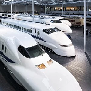 View of main hall with four shinkansen trains, 700, 200, 100 and 0 series, Shinkansen museum