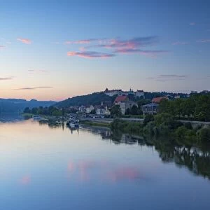 View of River Elbe and Pirna at dawn, Saxony, Germany