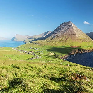 Village of Vidareidi in the sunshine, Vidoy island, Faroe islands, Denmark (MR)