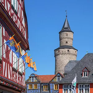 Witches tower (Hexenturm) with city hall, Idstein, Taunus, Hesse, Germany