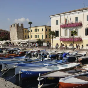 Italy, Veneto, Lake Garda, Bardolino, harbour front with fishing boats